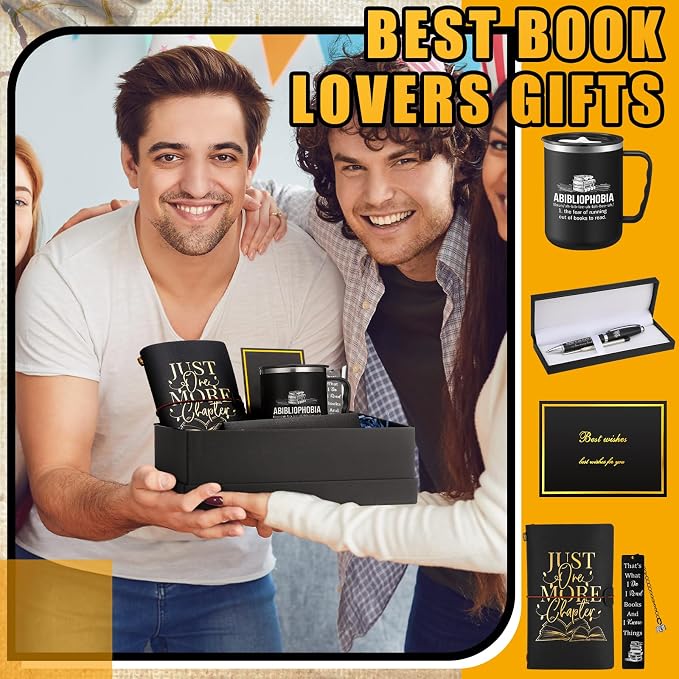 Shellwei 6 Pcs Book Lovers Gifts for Father's Day Men Gifts 17 oz Abibliophobia Coffee Mugs Leather Journal Notebook with Ballpoint Pen Metal Bookmark Greeting Card Box Gift for Librarian Bookish Men