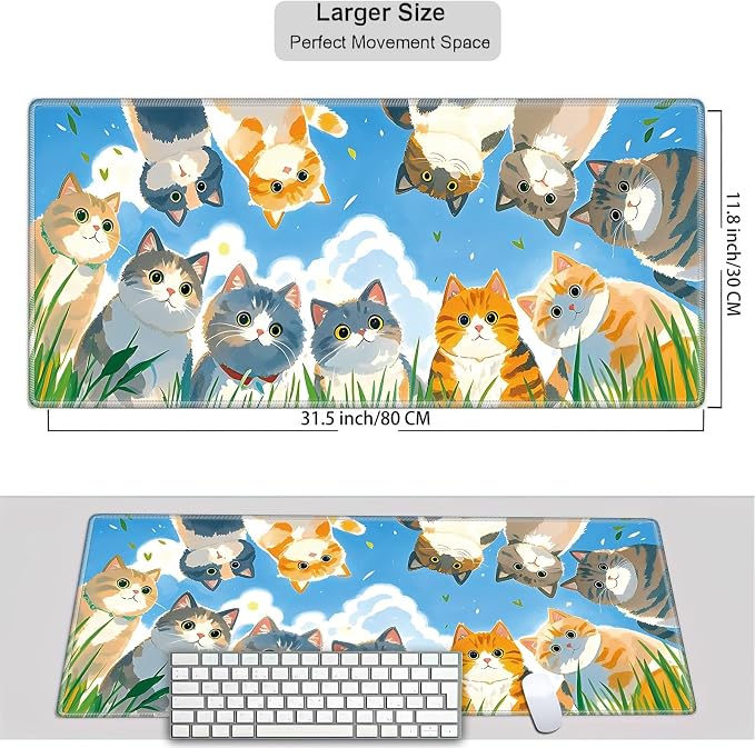 Mouse Pad Gaming Mousepad 31.5x11.8 Inch XXL Large + Coasters,Desk Mat with Stitched Edges, Non-Slip Rubber Base, Thick Mouse Pad for Computer, Laptop, Office & Home - Cute Cat Family