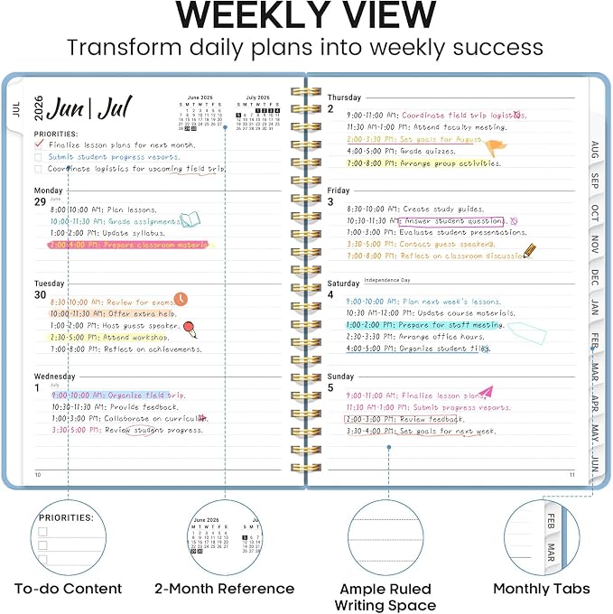 Academic Planner 2026-2027, Weekly and Monthly Calendar Planner Book, July 2026 – June 2027, Hardcover Organizer with Tabs, Perfect for Teachers, Students, Women & Men, A5 (6.4" x 8.5") - Blue