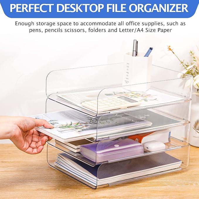 CiWiVOKi Set of 4 Office Organization and Storage, Clear PET Letter Tray Desk Organizer, Stackable Paper Tray Organizer for Desk Accessories, Notes, Pens, File Paper, Document