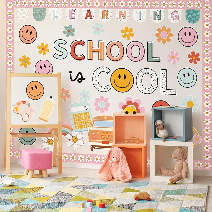 JarThenaAMCS 73 Pcs Retro Groovy Bulletin Board Decoration Set Boho Smile Flower Theme School is Cool Paper Cutouts with 200 Pcs Glue Points for Back to School Home Party Classroom Wall Door Decor