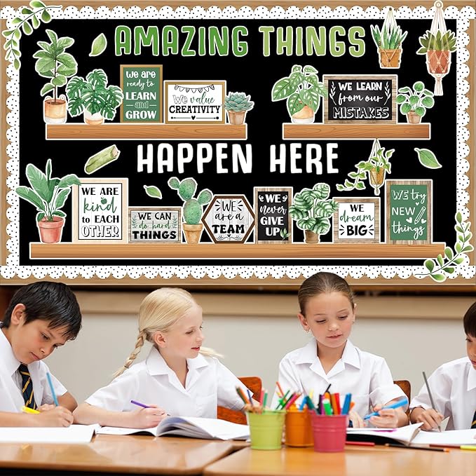 Spring Greenery Bookshelf Bulletin Board Motivational Quotes Potted Plant Cutouts Amazing Things Happen Here Classroom Bulletin Board Decoration for Back to School Chalkboard Wall Door Decorations