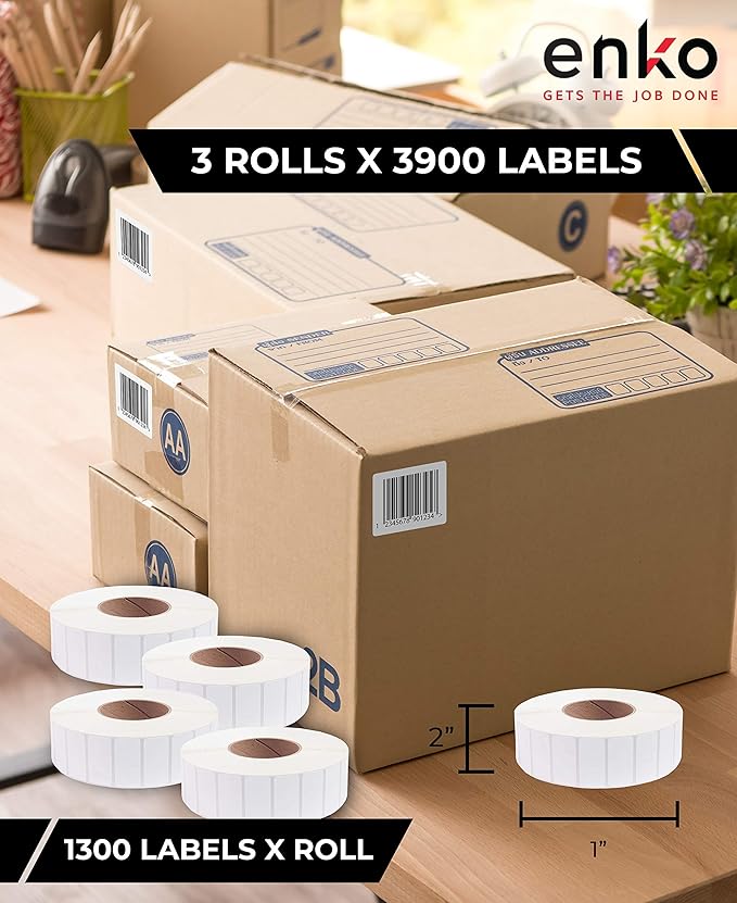 enKo [3 Rolls, 3900 Labels] 2 x 1 inches Perforated Adhesive Direct Thermal Labels, FBA Stickers, FNSKU Labels, Mailing Barcode - Compatible for Rollo, Zebra, Eltron, MUNBYN Printer