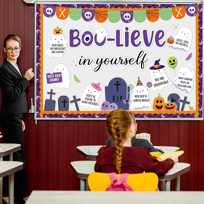 Halloween Ghost Bulletin Board Set Boo-Lieve in Yourself Affirmation Station Bulletin Board Classroom Decorations Cute Ghost Pumpkin Paper Cutouts for Halloween Party School Classroom Home Wall Decor