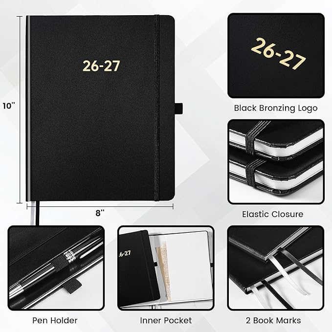 Planner 2026-2027 - Academic Planner 2026-2027, July 2026 - June 2027, 8'' x 10'', 26-27 Planner Weekly and Monthly, 26-27 Calendar Planners with Pen Holder, Elastic Closure, Leather Hardcover - Black