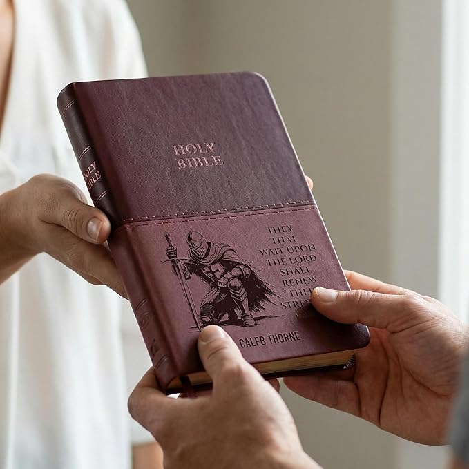 Personalized KJV Bible for Men Engraved Knight Design, King James Version Red Letter, Standard Print, Custom Name Scripture Verse, Christian Graduation Baptism Confirmation Gift, Brown Value Thinline