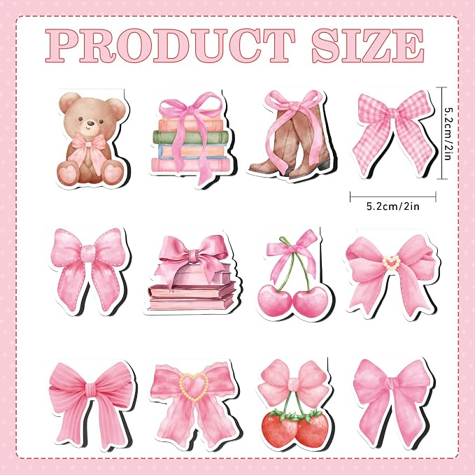 Pink Bows Magnetic Bookmarks, 12 Pcs Girly Magnet Book Mark Clips Gifts for Women Girls Students, Cherry Page Markers, Cute Stationery for Reading Journals Christmas Stocking Stuffers