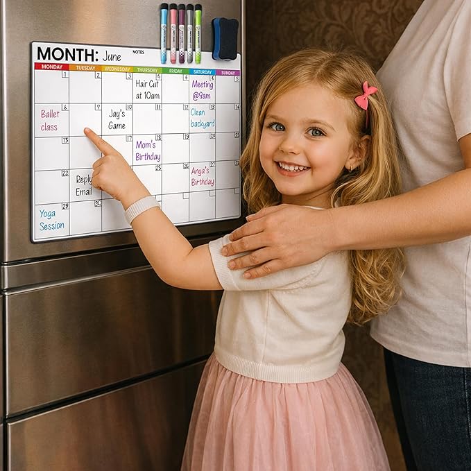 Refrigerator Calendar Magnetic Dry Erase - 17" x 12" Magnet Calendar for Fridge, Monday Start | Family Schedule Board, to-Do List & Work | Include 5 Markers & Eraser by Freedom Mastery