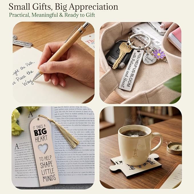 Teacher Appreciation Gifts in Bulk - 4 Pack Desk Gifts for Teachers with Keychains, Bookmarks, Bamboo Pens, Drink Coasters - Thank You Gifts for Teachers - End of Year Teacher Gifts Back to School