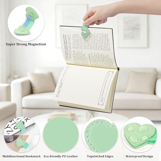 2Pcs Magnetic Leather Heart Bookmarks with Pen Holder, Cute Book Markers Clip with Gift Box, Reading Accessories for Book Lovers Women Teachers Students, Green