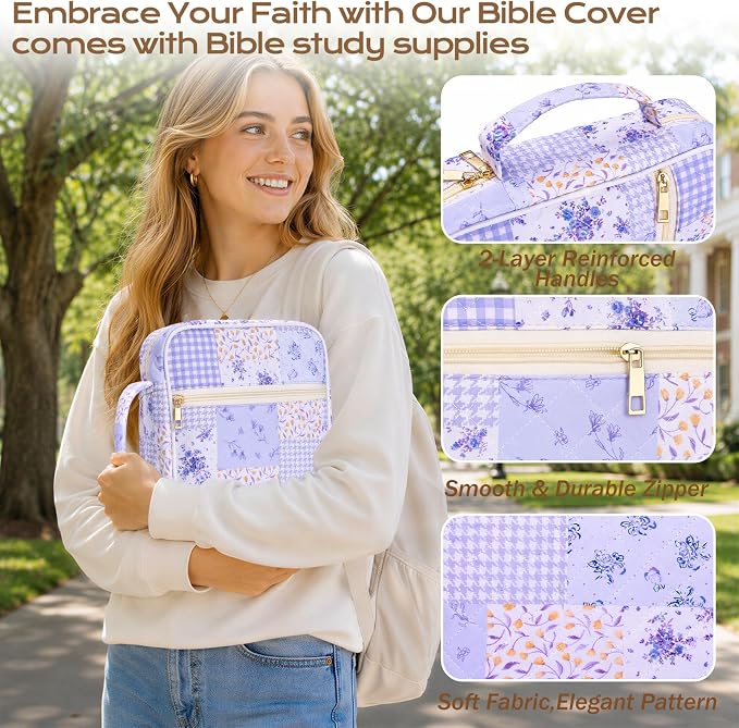 XKDOUS Bible Cover for Women Church Book Holder Quilted Carrying Case with Handle, Tabs, Study Supplies Portable Bible Bag Journaling Kit Christian Gifts for Mom Lady