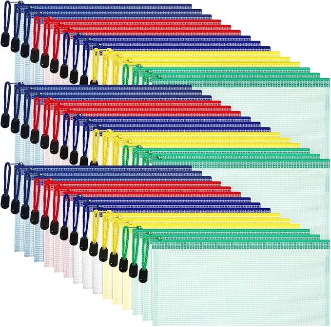 Handepo 80 Pieces Mesh Zipper Pouch Waterproof Pencil Pouch Zipper Plastic Zip File Document Folders for Office Home School