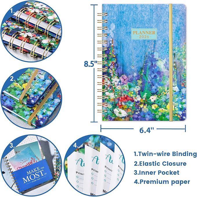 2026 Planner - Planner Weekly and Monthly 2026, JAN. 2026 - DEC. 2026, 6.4" x 8.5", 2026 Calendar Planner with Monthly Tabs, Sturdy Cover, Premium Paper, Back Pocket, Strong Twin-wire Binding
