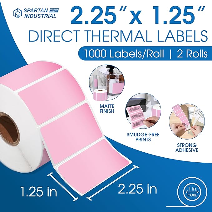Spartan Industrial - 2.25" X 1.25" Direct Thermal Pink Stickers (2000 Count, 2 Rolls) Perforated Barcode Address Pink Label Stickers - Compatible with Rollo, Zebra, MUNBYN Desktop Printers