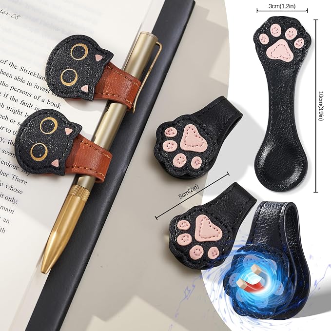 2Pcs Magnetic Leather Bookmarks with Gift Box Magnetic Pen Holder Book Marks Clip Gift for Book Lover Readers Men Women Teachers Students, Paw (Black+Black)
