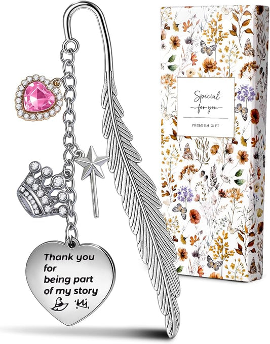 Buleens Bookmarks for Women Reading - Book Marks for Readers Book Lovers, Feather Fantasy Witch Pink Personalized Metal Bookmark with Pendants, Pretty and Aesthetic Book Accessories Reading Gifts