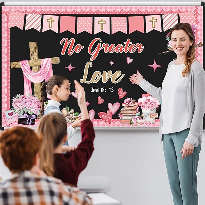 Valentine's Day Christian Bulletin Board Set Religious Bible Verse Classroom Decoration No Greater Love Heart Rose Cross Cutouts for Sunday School Church VBS Classroom Party Chalkboard Wall Decor