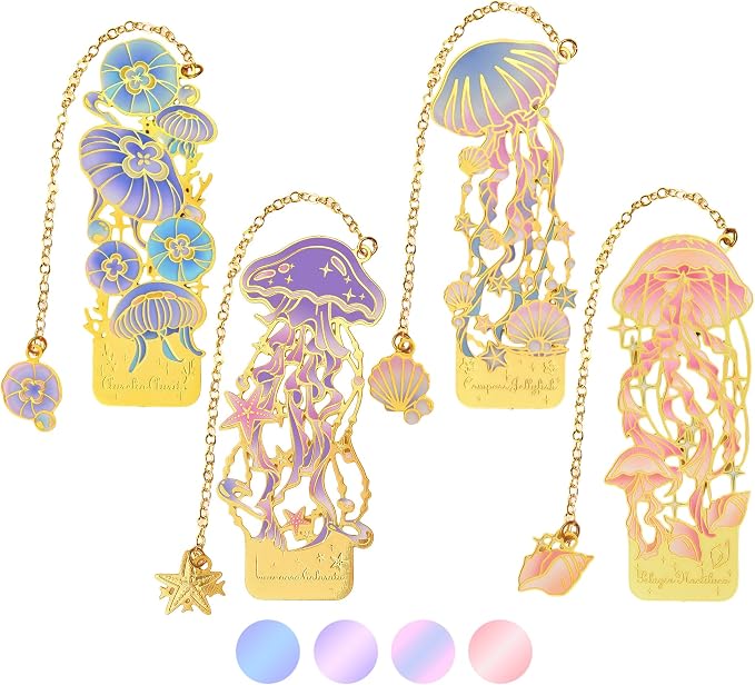 4 Pcs Metal Bookmarks Set for Reading Lovers Book Lovers Gifts, for Women, Men, Kids, Girls, Readers - Jellyfish