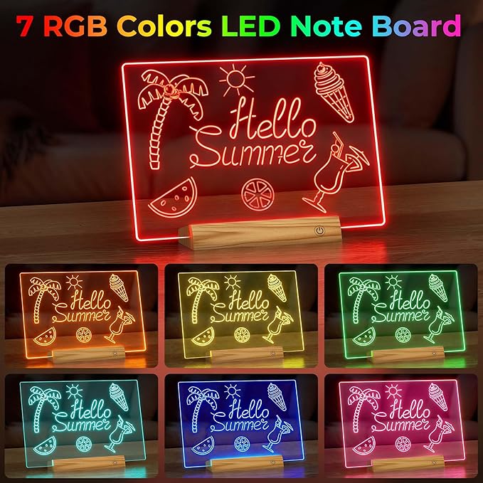 Rechargeable 11.8”×7.9” Glow Doodle LED Note Board with Colors,2 Modes&7 Colors with Remote Control,LED Drawing Board for Office/Café/Home Decor&Message,Birthday/Holiday Gifts,Wood Grain