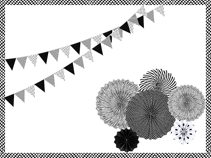 Tenare 8 Pcs Christmas Black and White Polka Dot Bulletin Board Border 10.9 Yard 6 Pcs Hanging Paper Fans 3.5 Yard Pennant Banner Flag for Classroom Home School Christmas Decor