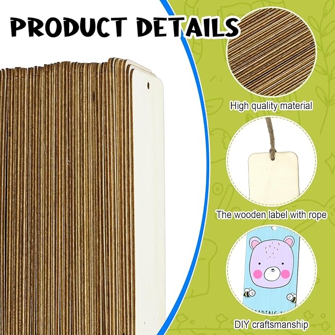 120 PCS Wood Blank Bookmarks Set - Unfinished Wooden Bookmarks with 10m Rope, Hanging Labels for Crafts and Decorations