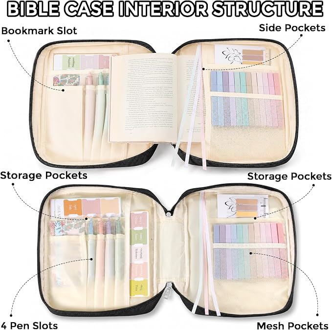 XKDOUS Bible Cover Case for Women, Large Bible Cover with Durable Handle, Washable Quilted Bible Case, Bible Study Supplies & Christian Gifts for Mom, Women, Men (Black)