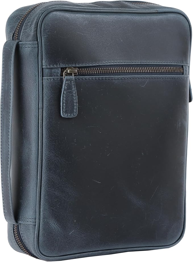 Leather Bible Cover for Men & Women – Zippered Bible Case with Handle, Note & Pen Organizer – Fits Large Study Bible – 11.5x8.5 Inch (Blue)