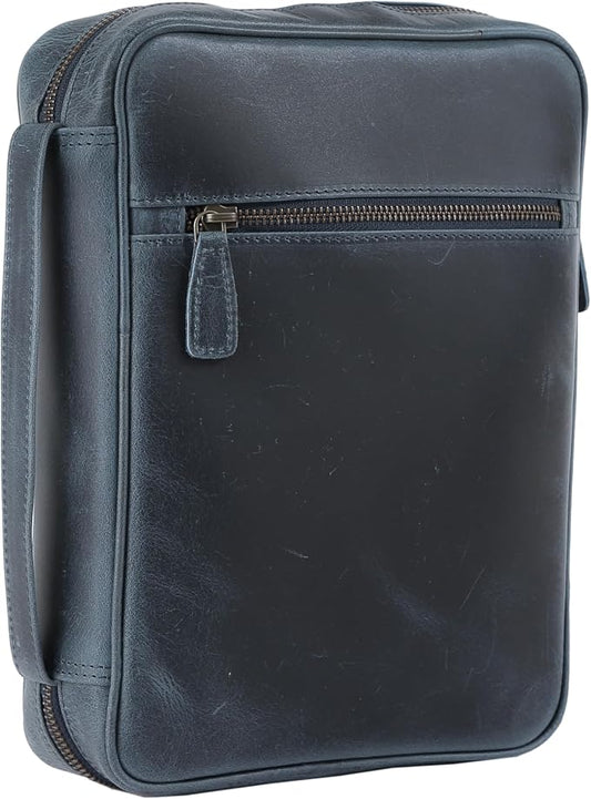 Leather Bible Cover for Men & Women – Zippered Bible Case with Handle, Note & Pen Organizer – Fits Large Study Bible – 11.5x8.5 Inch (Blue)