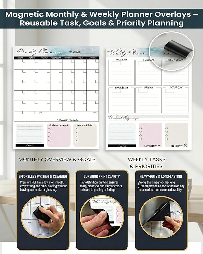 Black Magnetic Dry Erase Whiteboard 12 x 16 Double Sided, Portable Planner Board with Weekly Monthly Sheets, Write and Wipe to Do List Board, Includes 3 Markers Eraser 2 Magnets