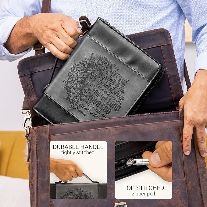 Christian Art Gifts Classic Faux Leather Bible Cover for Men and Women: Be Strong and Courageous - Joshua 1:9 Inspirational Bible Verse with Lion, Gray and Black, Large