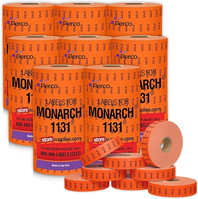 Perco "Sale" Fluorescent Red Pricing Labels for Monarch 1131 Price Gun – 8 Sleeves, 64 Rolls Value Pack - 160,000 Price Marking Labels – with Ink Rolls Included