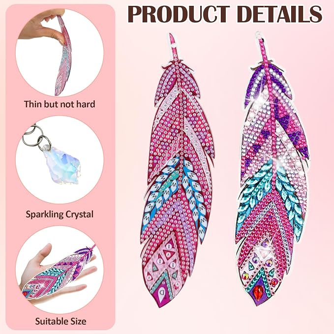 12 Pcs Diamond Painting Bookmark, Crystal DIY Book Makers for Book Lovers, Diamond Art Beginners, Small Diamond Art Kits with Pendant, Paint by Art Crafts Gift for Women Girls (Feather)