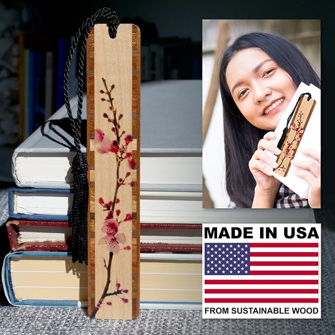 Cherry Blossom Sakura Personalized Wooden Bookmark | Custom Japanese Botanical Floral Gift for Gardeners, Flower Lovers, Plant Lovers, Nature Lovers & Readers | Handmade in the USA