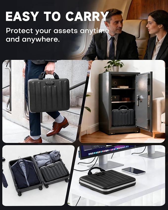DOZAWA Fireproof Document Box, Hard Case Document Organizer with Lock, 13 Pockets Accordion File Folder with Reflective Strip, Waterproof Safe Box for Important Documents & Valuables Storage, Black