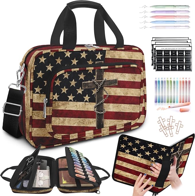 American Flag Cross Bible Cover Case for Women Men Boys,Large Bible Bag Book Carrying Case with Strap Handle Zipper Pocket,Bible Study Supplies Journaling Kit,Bible Organizer Holder Bag,Christian Gift