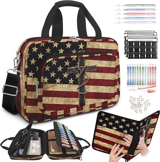 American Flag Cross Bible Cover Case for Women Men Boys,Large Bible Bag Book Carrying Case with Strap Handle Zipper Pocket,Bible Study Supplies Journaling Kit,Bible Organizer Holder Bag,Christian Gift