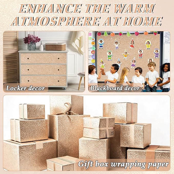 Glitter Bulletin Board Paper Roll Sparkle Wrapping Paper Bulletin Board Decor Glitter Poster Gift Wrapping DIY Art Crafts Wallpaper Background for Home Office Classroom Decor 17" x 20ft, Champagne