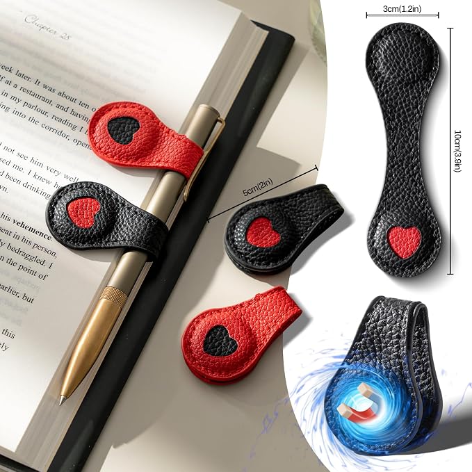 2Pcs Magnetic Leather Bookmarks with Gift Box Magnetic Pen Holder Book Marks Clip Gift for Book Lover Readers Men Women Teachers Students, Heart Bookmarks