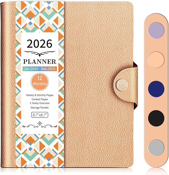 2026 Weekly & Monthly & Daily Planner from Jan 2026 - Dec 2026, 8.7" X 7", Planner Notebook 2026 with Pu Leather Cover 12 Monthly Tabs, Perfect Organizer, Rose Pink
