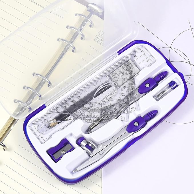 Vobou Math Geometry Kit Sets 10 Piece Student Supplies with Shatterproof Storage Box,Includes Rulers,Protractor,Compass,Eraser,Pencil Sharpener,Lead Refills,Pencil,for Drafting（Purple）