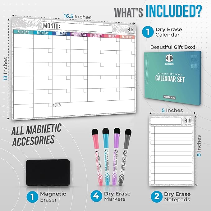 Dry Erase Magnetic Calendar for Refrigerator 16.5x13; 2 Wide Notepads; 4 Markers; Eraser - No Stain Monthly Fridge Calendar Whiteboard