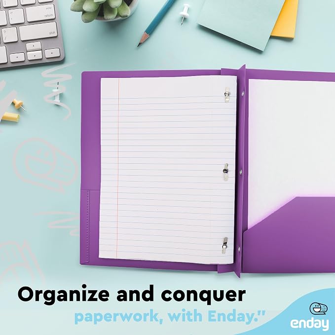 Plastic Folders with Pockets and Prongs, Two Pocket Folder with Brads, 3 Prong Folders with Pockets for Letter Size Sheets, Asstd Colors in Purple, Blue, Green, Yellow, Orange & Black, 6 Pc –by Enday