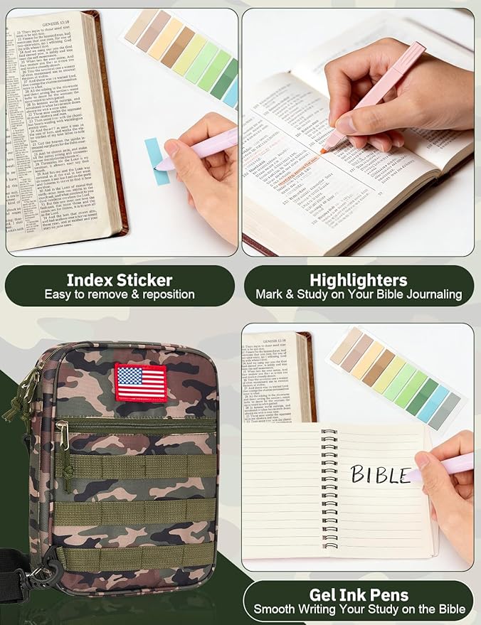4 PCS Tactical Bible Cover for Men - Bible Bag for Men with Shoulder Strap - Washable Padded Bible Case with Carry Handle- Christian Gift for Men Bible Case for Church, Study, Spiritual