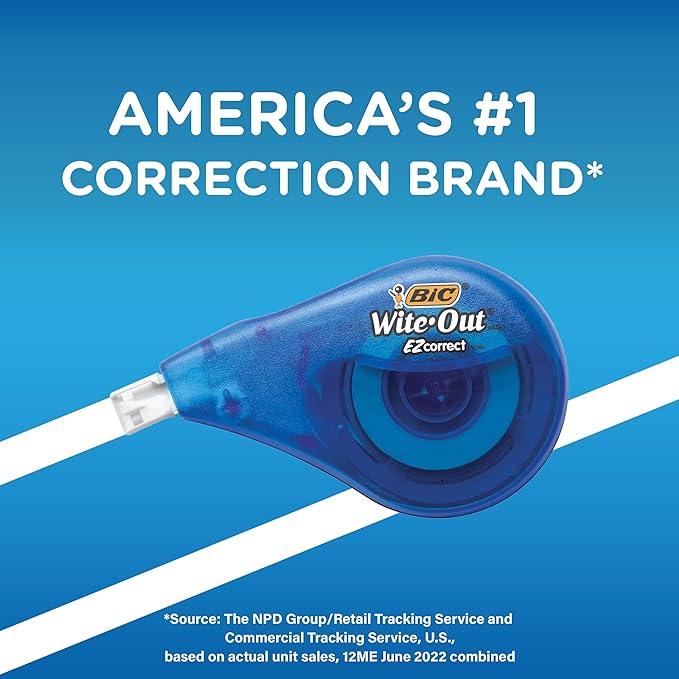BIC Wite-Out EZ Correct Correction Tape, White, No Dry Time, Tear Resistant Tape, 4-Count