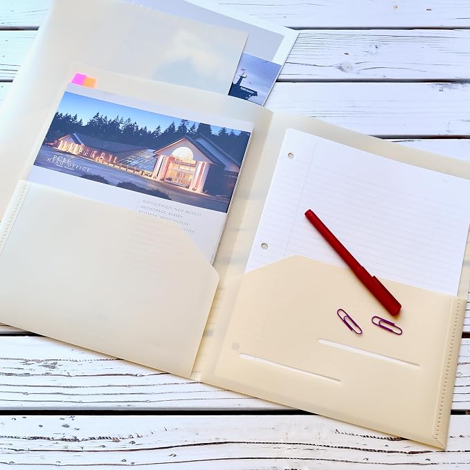 Youngever 6 Pack Heavy Duty Plastic Two Pocket Folders, Heavy Duty Plastic 2 Pocket Folder (Cream)