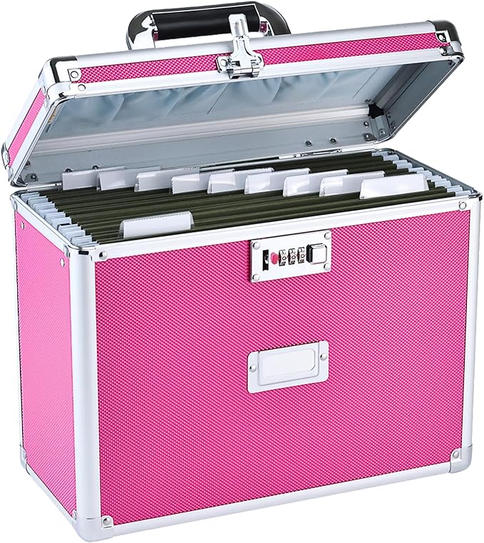File Storage Cabinet for Letter Size Hanging File Folders, Suspension File Holder, Document Organizer Filing Lockbox in Office and Home with Combination Lock and 10-pack Hanging Files (Pink, Letter)