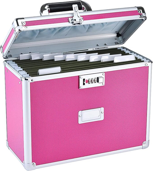 File Storage Cabinet for Letter Size Hanging File Folders, Suspension File Holder, Document Organizer Filing Lockbox in Office and Home with Combination Lock and 10-pack Hanging Files (Pink, Letter)