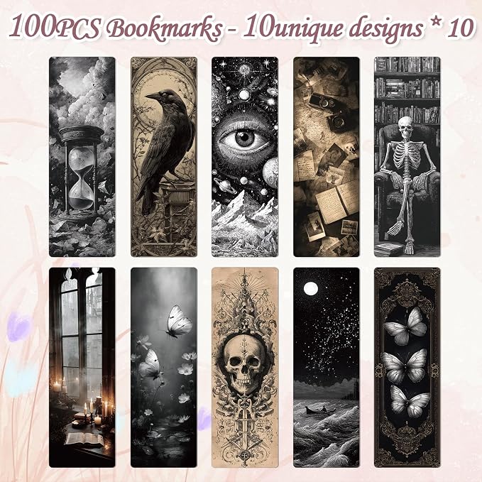 Wxiben Dark Academia Bookmarks Gifts - 100 Pcs Vintage Gothic Book Mark Dark Romance Bookmark Skull Witchy Page Marker Clip Gifts for Women Men Book Lovers Students Teachers Bookish Reading