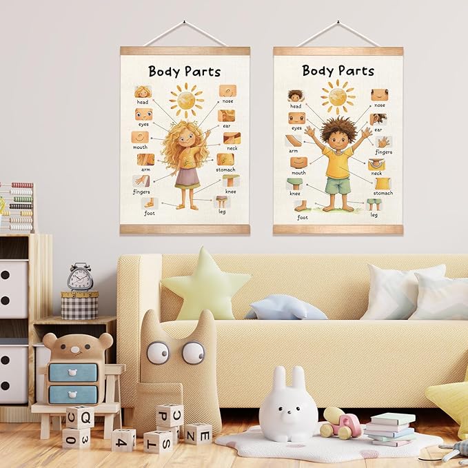 HEYJEEPER Body Parts Learning Posters Set of 2,Linen Educational Wall Art with Wood Hanger, Cute Girl & Boy Body Parts Charts for Toddlers Preschool Classroom Playroom Nursery Decor,18.5x14 Inch