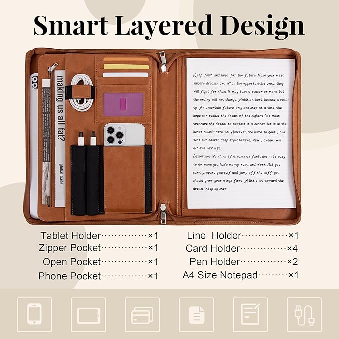 Calfinder Leather Padfolio with Zipper,Portfolio Binder, Padfolio for Women and Men,Business Portfolio for Ipad,Resume,Notebook, Professional Portfolio Organizer, Graduation Gifts